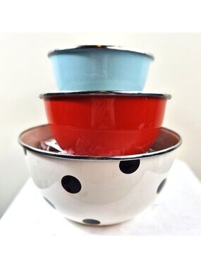 Kate Spade Lenox Polka Dot & Solid Enamel Mixing Bowls Set Of 3 Red Blue & White